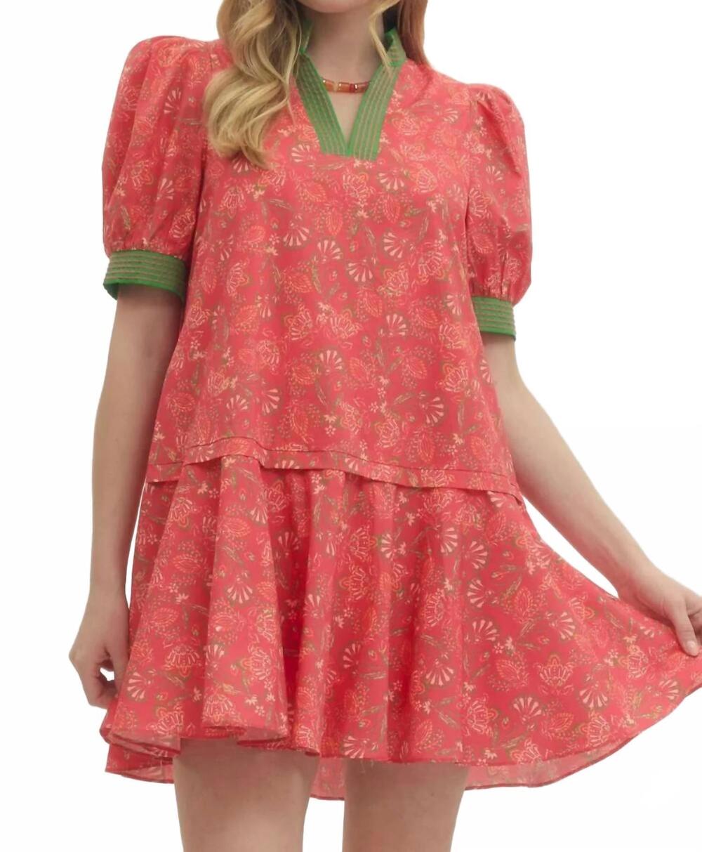 NEW ENTRO backyard ruffle dress in coral and green